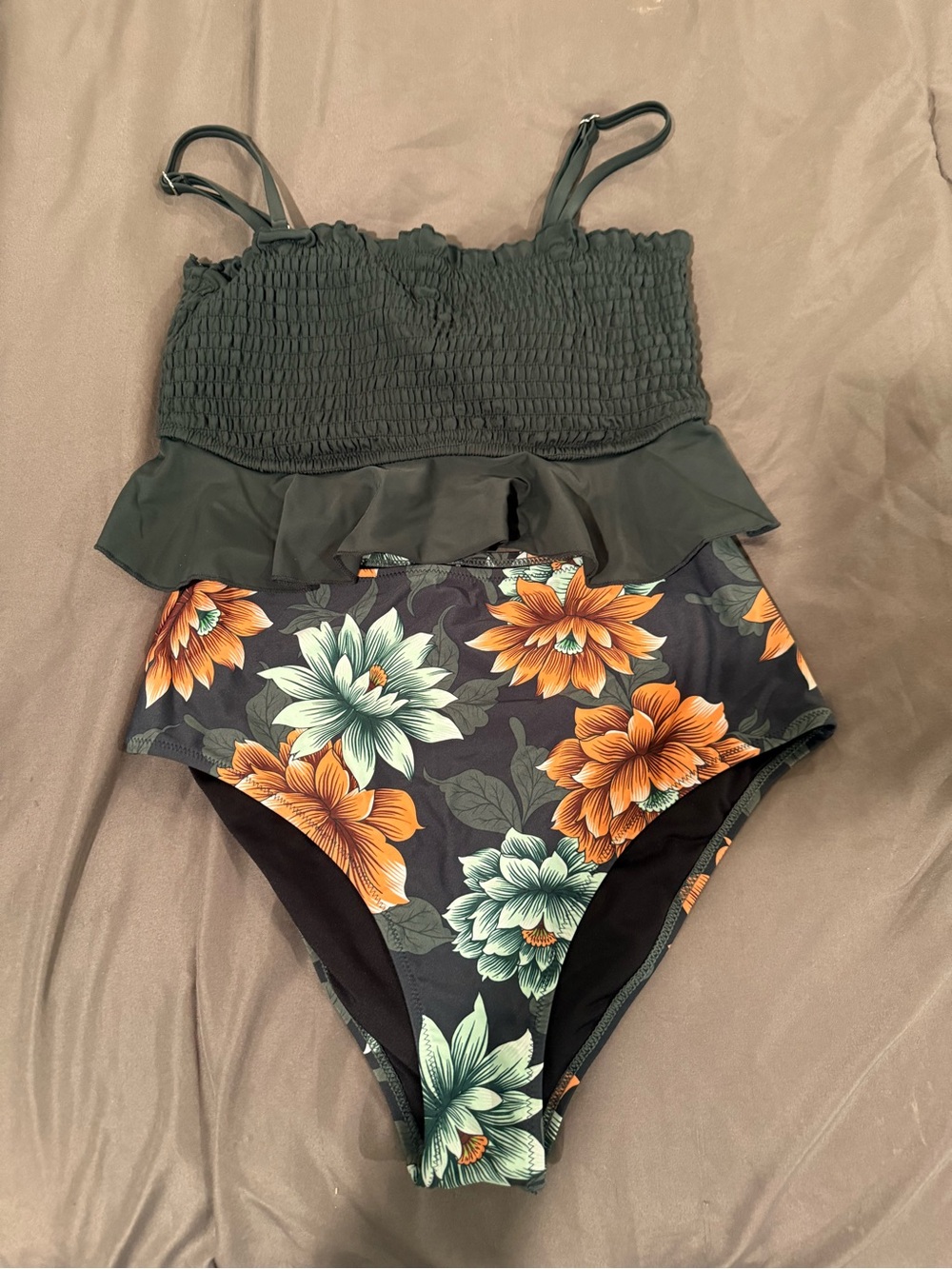 Smocked Floral Ruffle two -Piece Swimsuit - Green/Orange